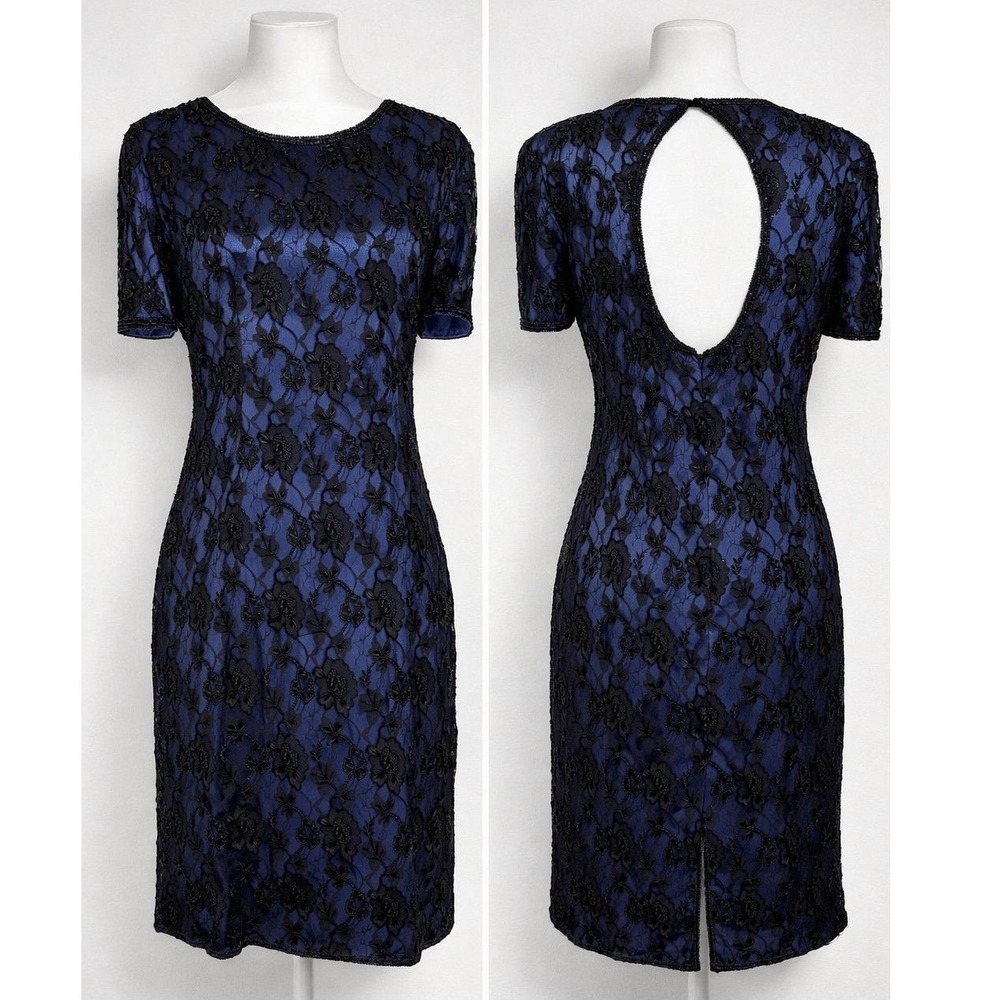 Vintage Brilliante By J.A. Women M Dress Beaded Lace Keyhole Back Formal Party‎